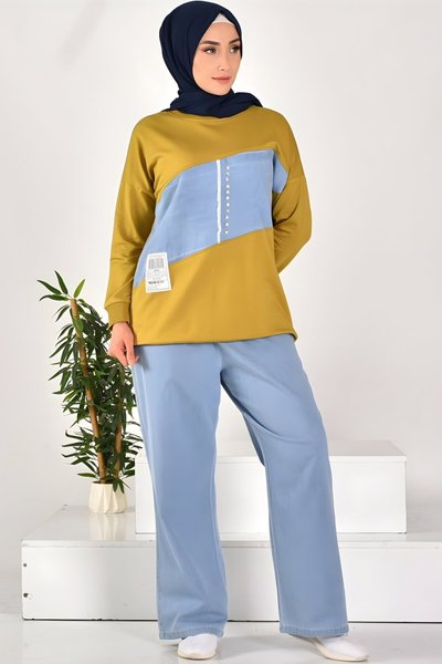 Yağ Yeşili İki İplik Kumaş Taş İşlemeli İkili Tesettür Takım