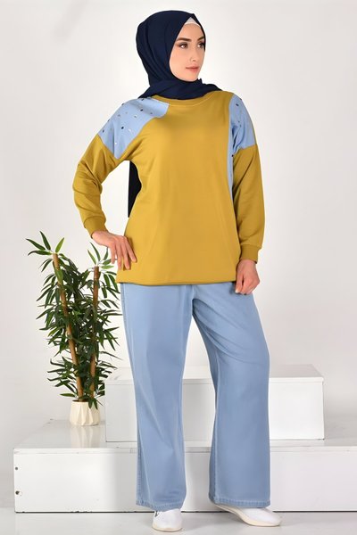 Yağ Yeşili İkili Kot Garnili Tesettür Takım