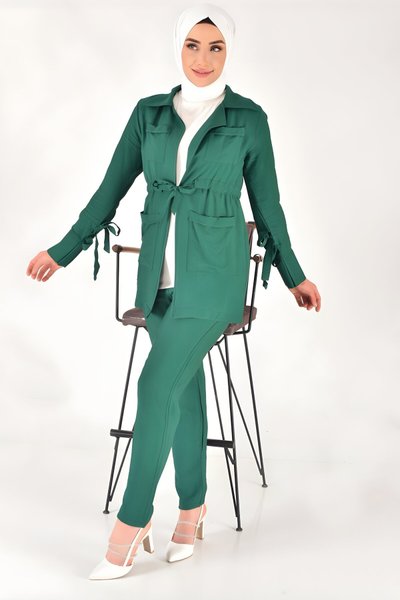 Yeşil Keten Görünümlü Lina Kumaş Beli Büzgü Detaylı Üç Parça Tesettür Takım