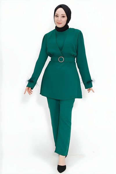 Yeşil Krep Kumaş İkili Kemeri Taşlı Tesettür Takım