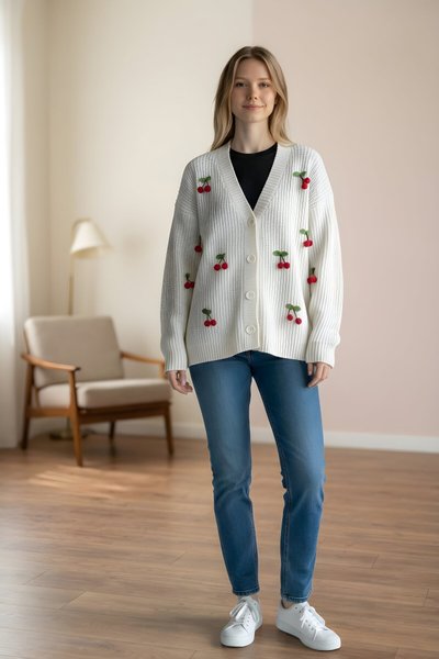 Beyaz Triko Cotton Angora Yünlü Kiraz Detaylı Tesettür Kazak