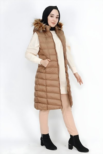 Camel Büyük Beden Şişme Cep Fermuarlı Dolum Tesettür Yelek