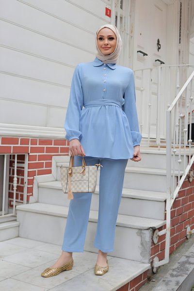 Bebe Mavi Taş Düğme Detaylı İkili Tesettür Takım