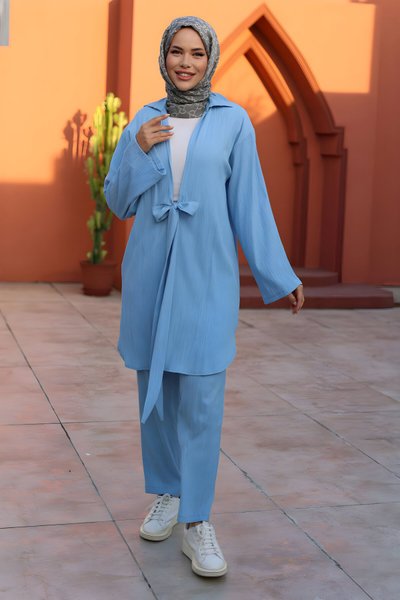 Bebe Mavisi Kimono İkili Bağlama Detaylı Tesettür Takım