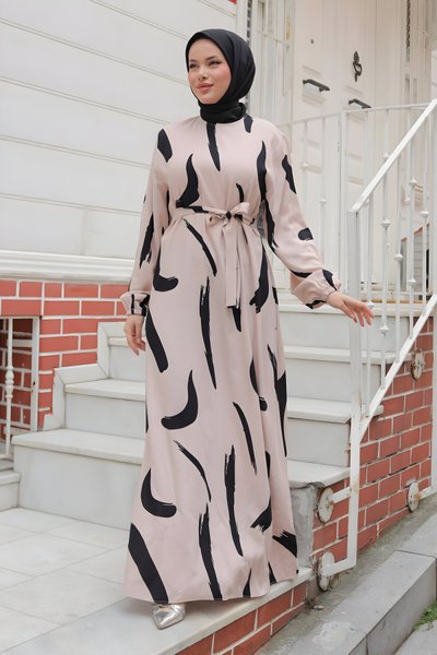 Bej Büyük Fırça Desenli Viskon Tesettür Elbise