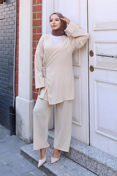 Bej Kimono İkili Bağlama Detaylı Tesettür Takım