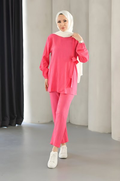 Fuşya İkili Bağlama Detaylı Tesettür Takım