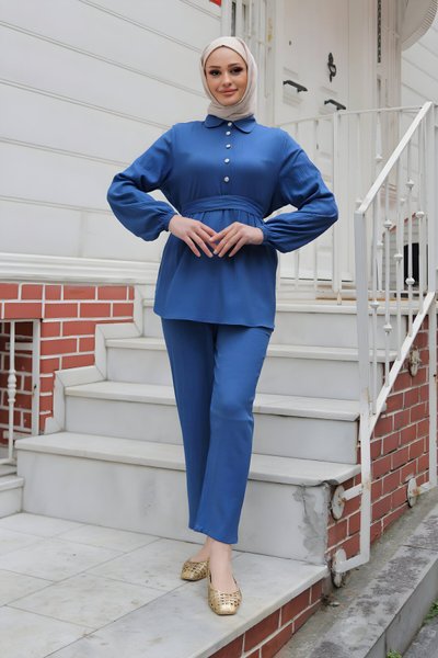 İndigo İkili Taş Düğme Detaylı Tesettür Takım