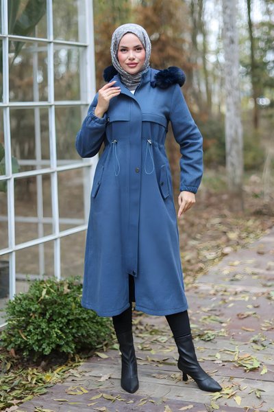 İndigo Kaşe Tünel Detaylı Kaban