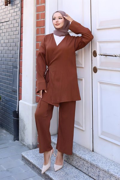 Kimono Double Tie-Detail Modest Set - Brown