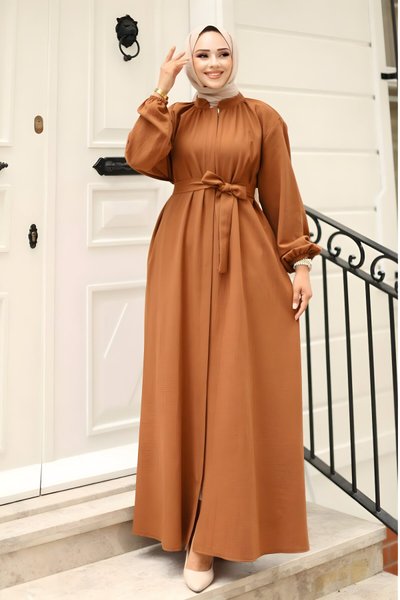 Kahverengi Kuşaklı Gizli Fermuarlı Ferace