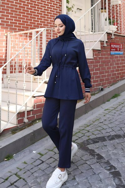 Lacivert İkili Ribana Detaylı Tesettür Takım