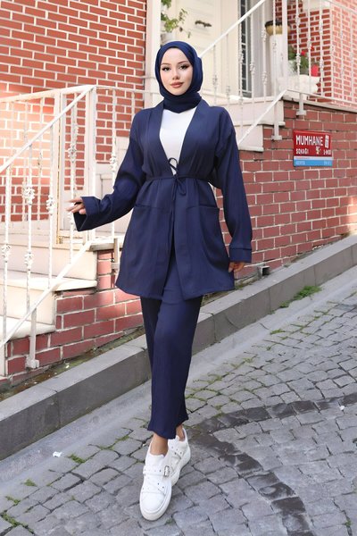 Lacivert Kimono İkili Cep Detaylı Tesettür Takım