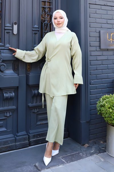 Mint Yeşili İkili Kimono Bağlama Detaylı Tesettür Takım
