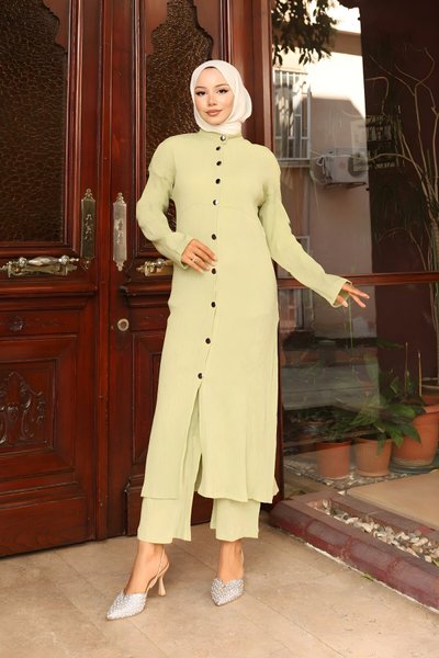 Mint Yeşili İkili Uzun Yaka Detaylı Takım