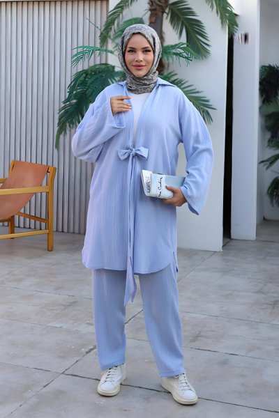 Pastel Mavisi Kimono Bağlama Detaylı İkili Takım