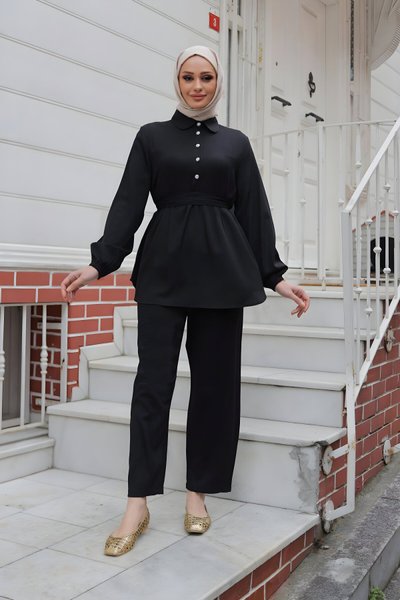 Siyah İkili Taş Düğme Detaylı Tesettür Takım