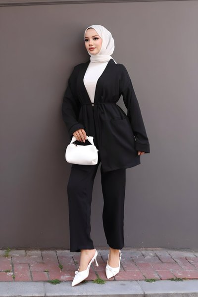 Siyah Kimono İkili Cep Detaylı Tesettür Takım