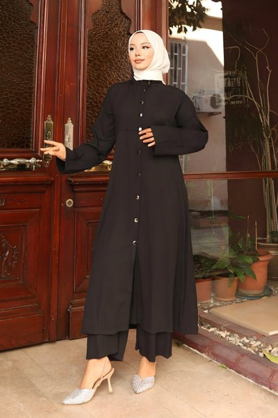 Siyah Uzun İkili Yaka Detaylı Tesettür Takım