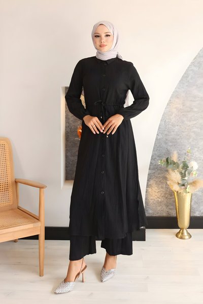 Siyah Uzun Yırtmaç Detaylı İkili Takım