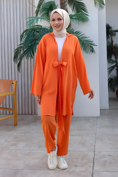 طقم محتشم كيمونو برتقالي بتفاصيل ربط مزدوجة
