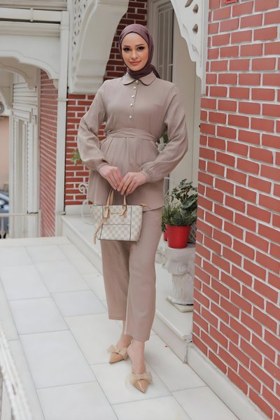 Vizon İkili Taş Düğme Detaylı Tesettür Takım