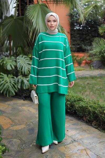 Knit Double Line Detail Modest Set - Green