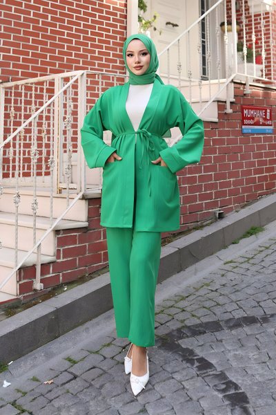 Zümrüt Kimono İkili Cep Detaylı Tesettür Takım