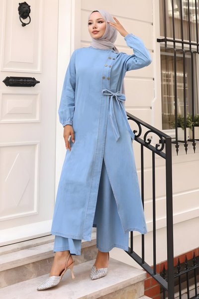 Açık Mavi Kot İkili Çıtçıt Detaylı Tesettür Takım