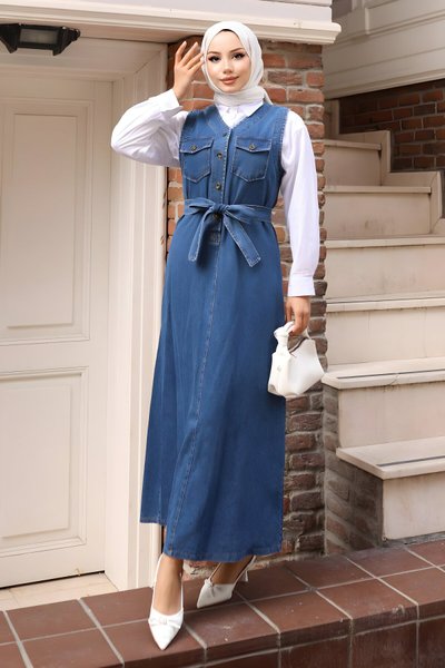 Açık Mavi Kot Jile Kemer Detaylı Tesettür Elbise