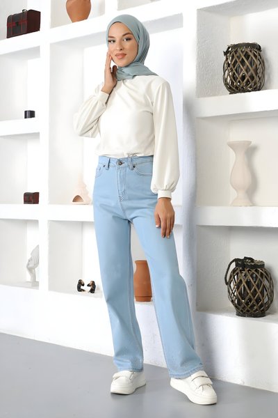 Açık Mavi Kot Taş Detaylı Pantolon