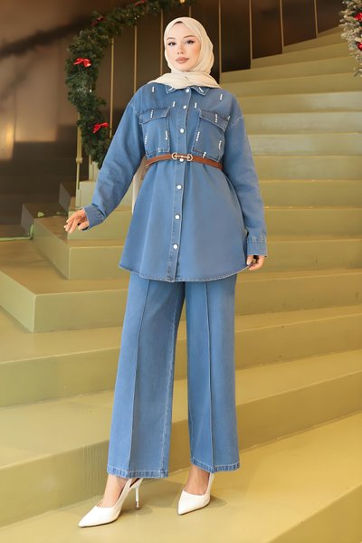 Açık Mavi Taş Detaylı Kot İkili Takım