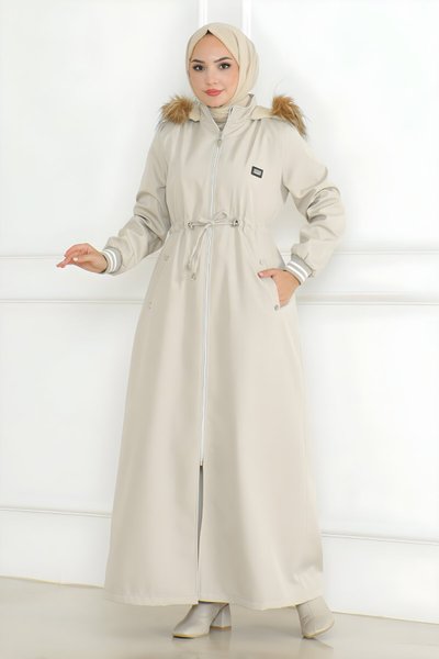 Bej Beli Bağcıklı Ribanalı Tesettür Mont