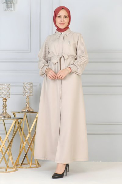 Bej Fermuarlı Taş Detaylı Ferace