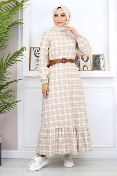 Bej Fırfırlı Tesettür Elbise