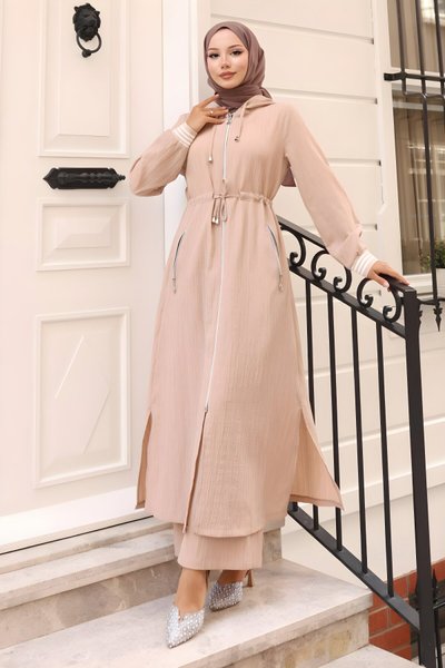 Bej İkili Beli Bağcıklı Kapüşonlu Tesettür Takım