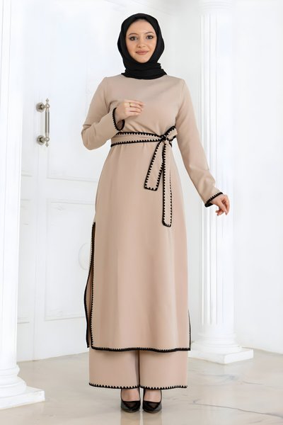 Bej İkili Çoban Dikişli Kemerli Tesettür Takım