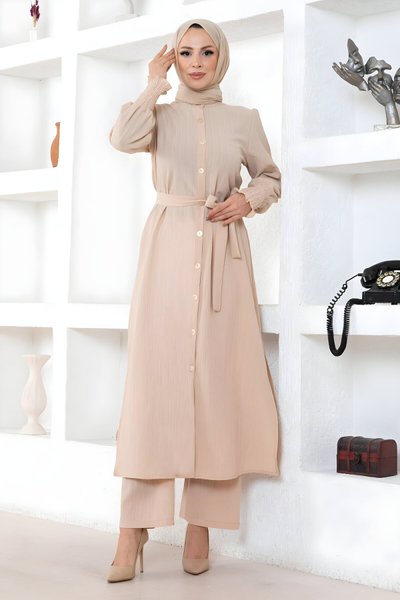 Bej İkili Yırtmaç Detaylı Tesettür Takım