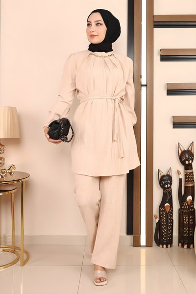 Bej İkili Zincir Detaylı Tesettür Takım