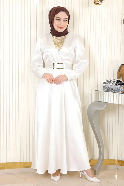 Beyaz Saten Taş Detaylı Tesettür Abiye Elbise