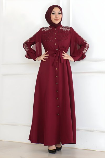 Bordo Abiye Düğme Detaylı Tesettür Elbise