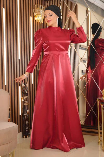 Bordo Büyük Beden Omuz Büzgülü Tesettür Abiye Elbise