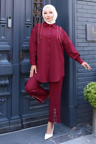 Bordo İkili İnci Detaylı Takım