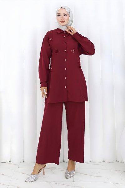 Bordo İkili Minimal Taşlı Tesettür Takım