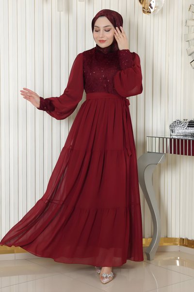 Bordo Pulpayetli Şifon Tesettür Abiye Elbise