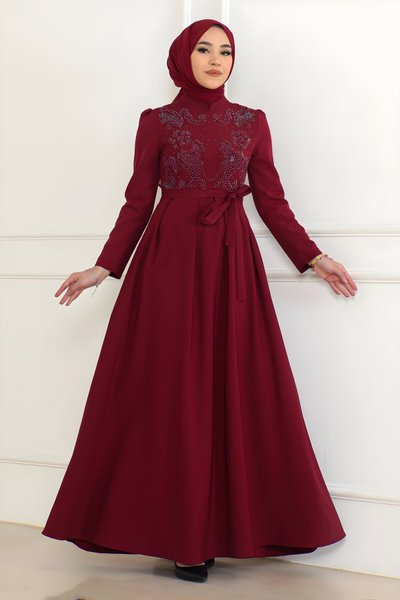 Bordo Taş Detaylı Tesettür Elbise