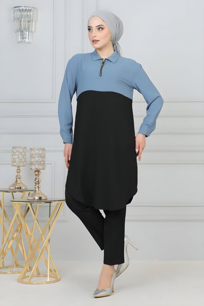 Buz Mavisi Fermuar Detaylı Tesettür Tunik