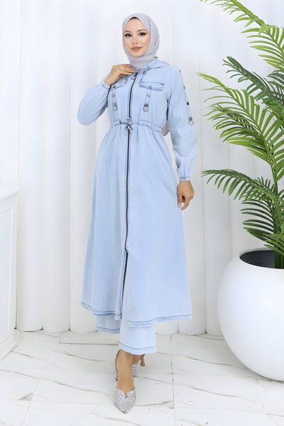 Buz Mavisi Kot İkili Kapüşonlu Beli Bağcıklı Tesettür Takım