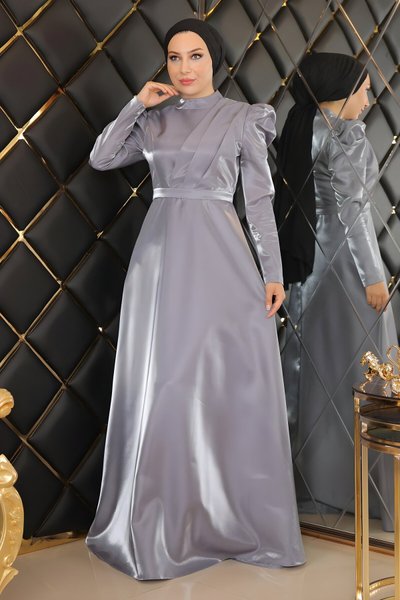 Gri Göğsü Drapeli Tesettür Abiye Elbise