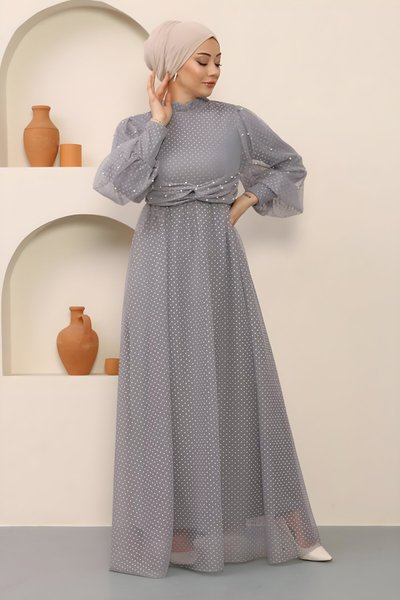 Gri İnci Detaylı Tül Tesettür Abiye Elbise